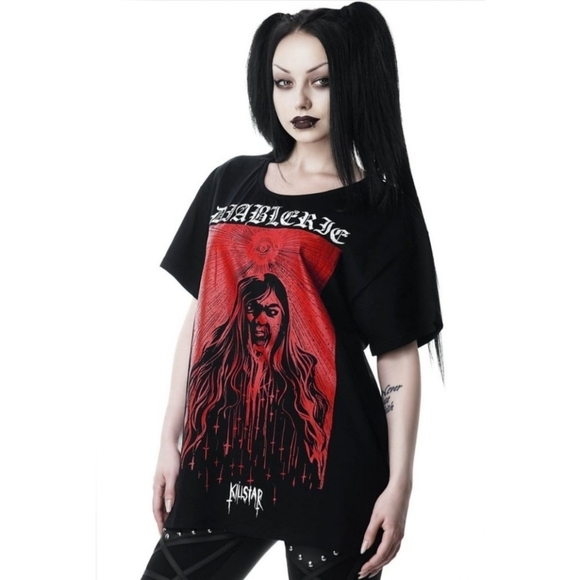 Killstar Tops - Killstar ✦ Scoop Neck Tee ✦ Diablerie Black Cotton Jersey w/ Bold Graphic Print